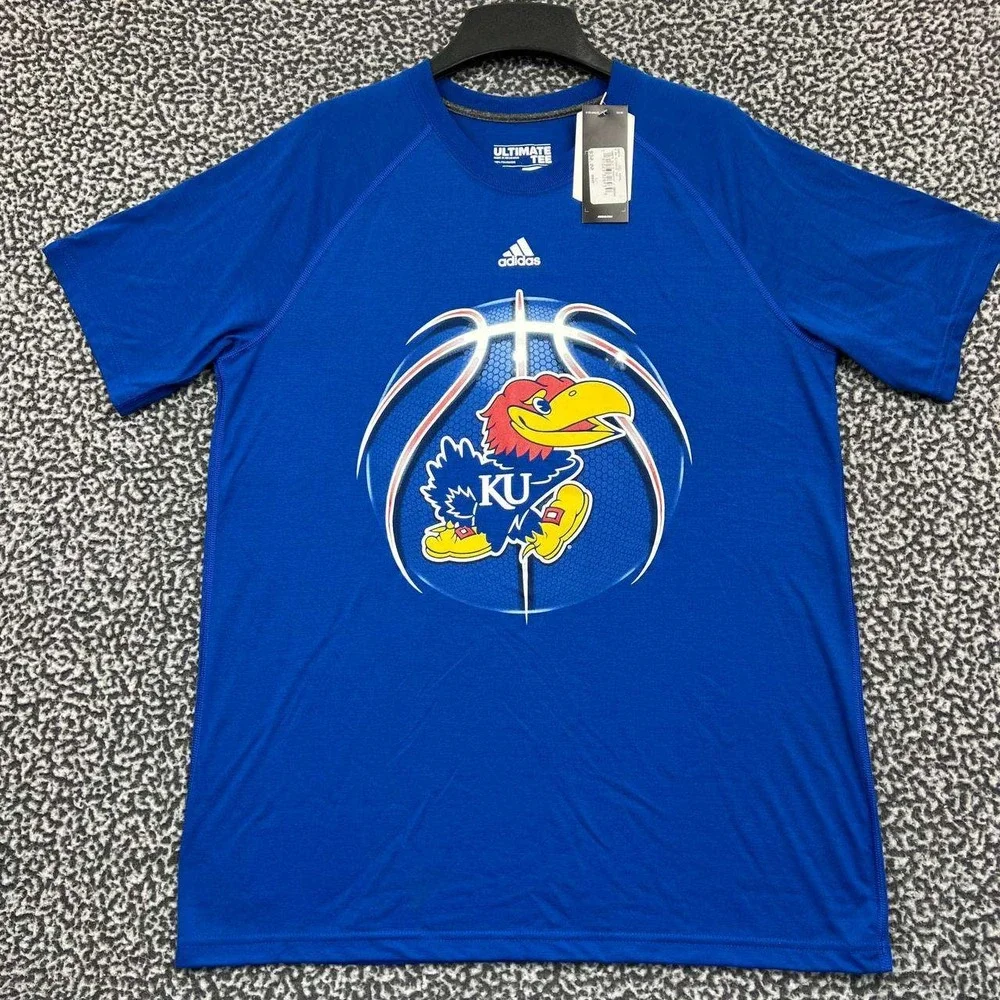 Kansas Jayhawks Shirt Men Large Blue Adidas Short Sleeve Crew Neck‎ New L